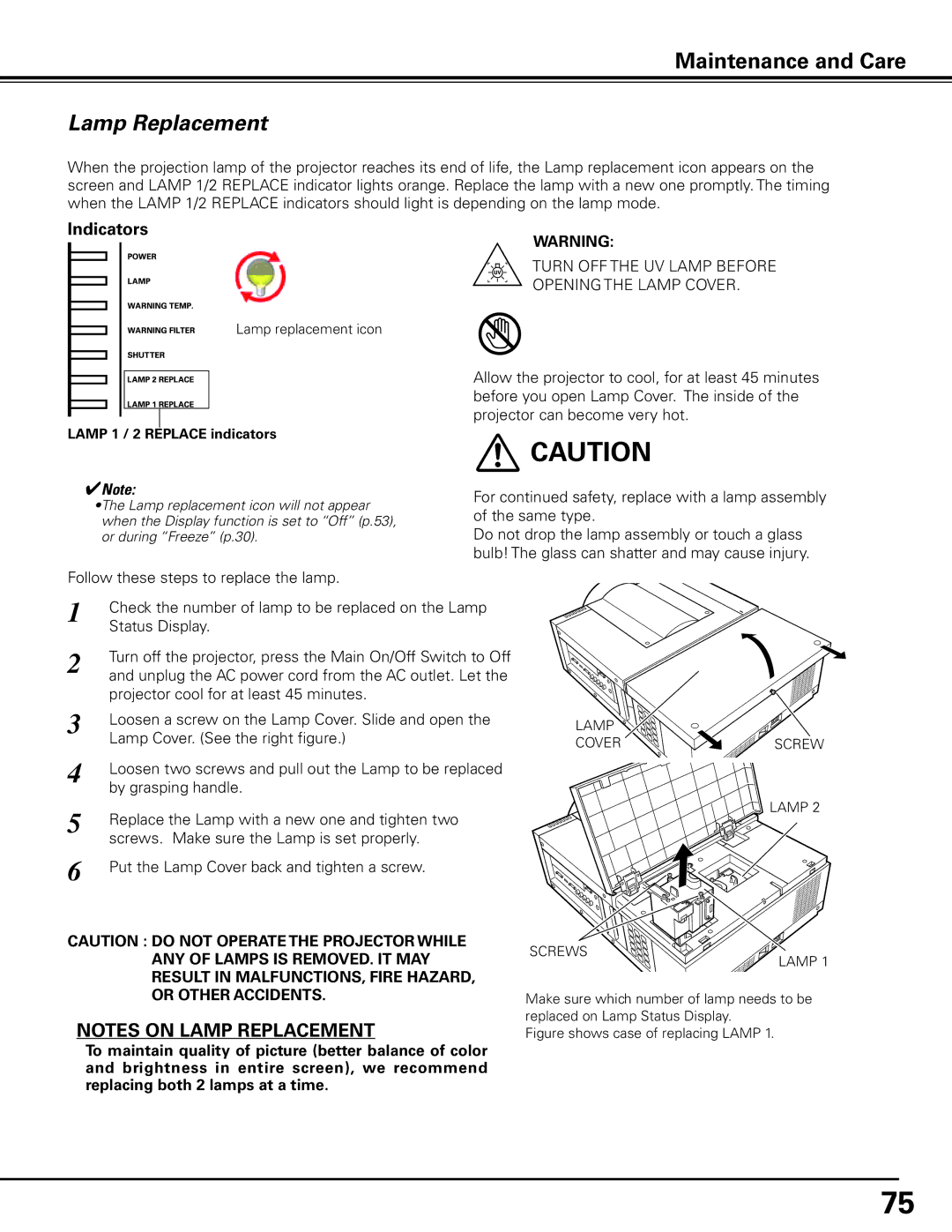 Sanyo HF10000L owner manual Lamp Replacement, Indicators, Lamp 1 / 2 Replace indicators 