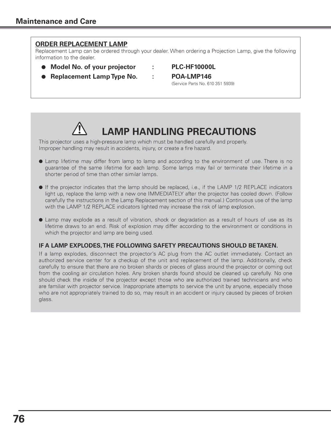 Sanyo HF10000L owner manual Lamp Handling Precautions 