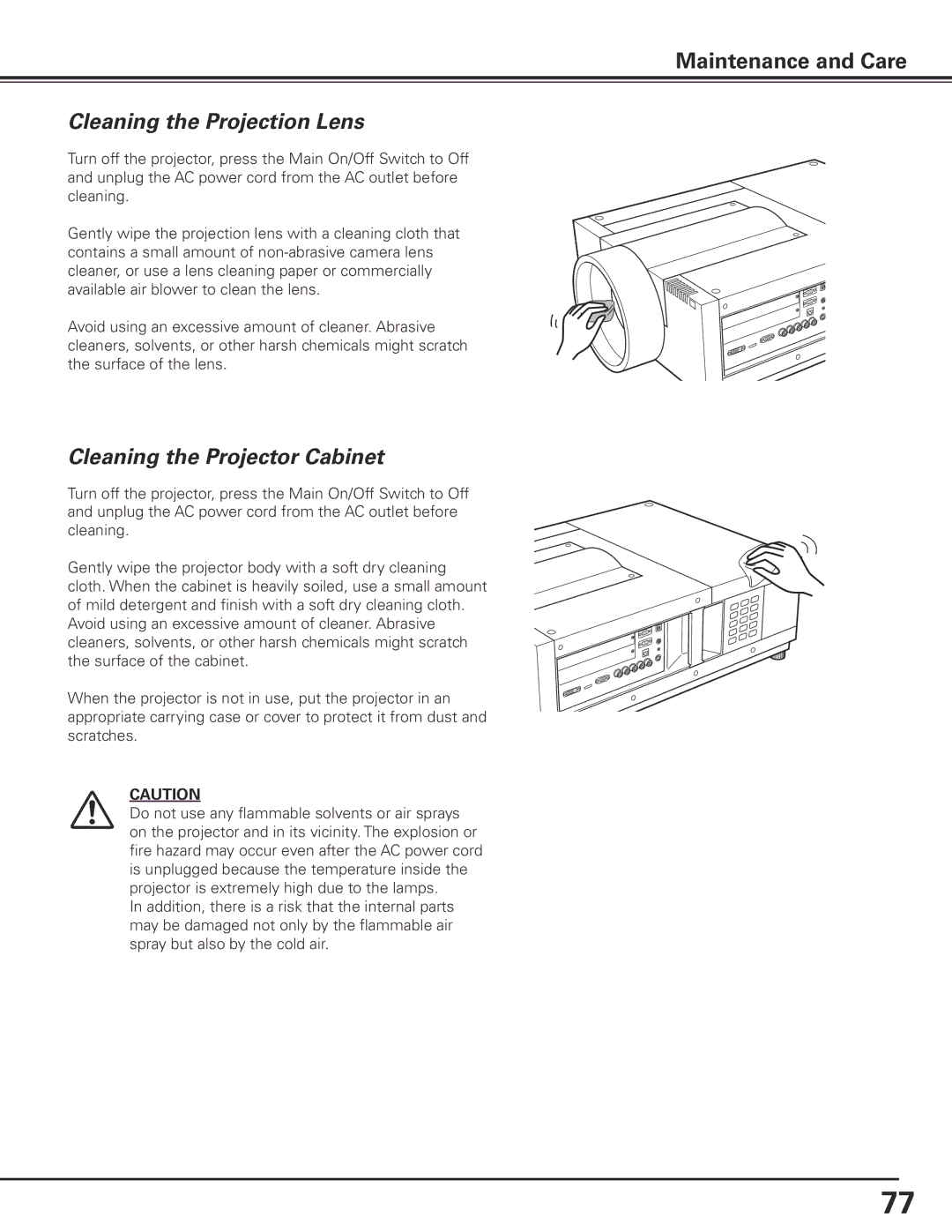 Sanyo HF10000L owner manual Cleaning the Projection Lens, Cleaning the Projector Cabinet 