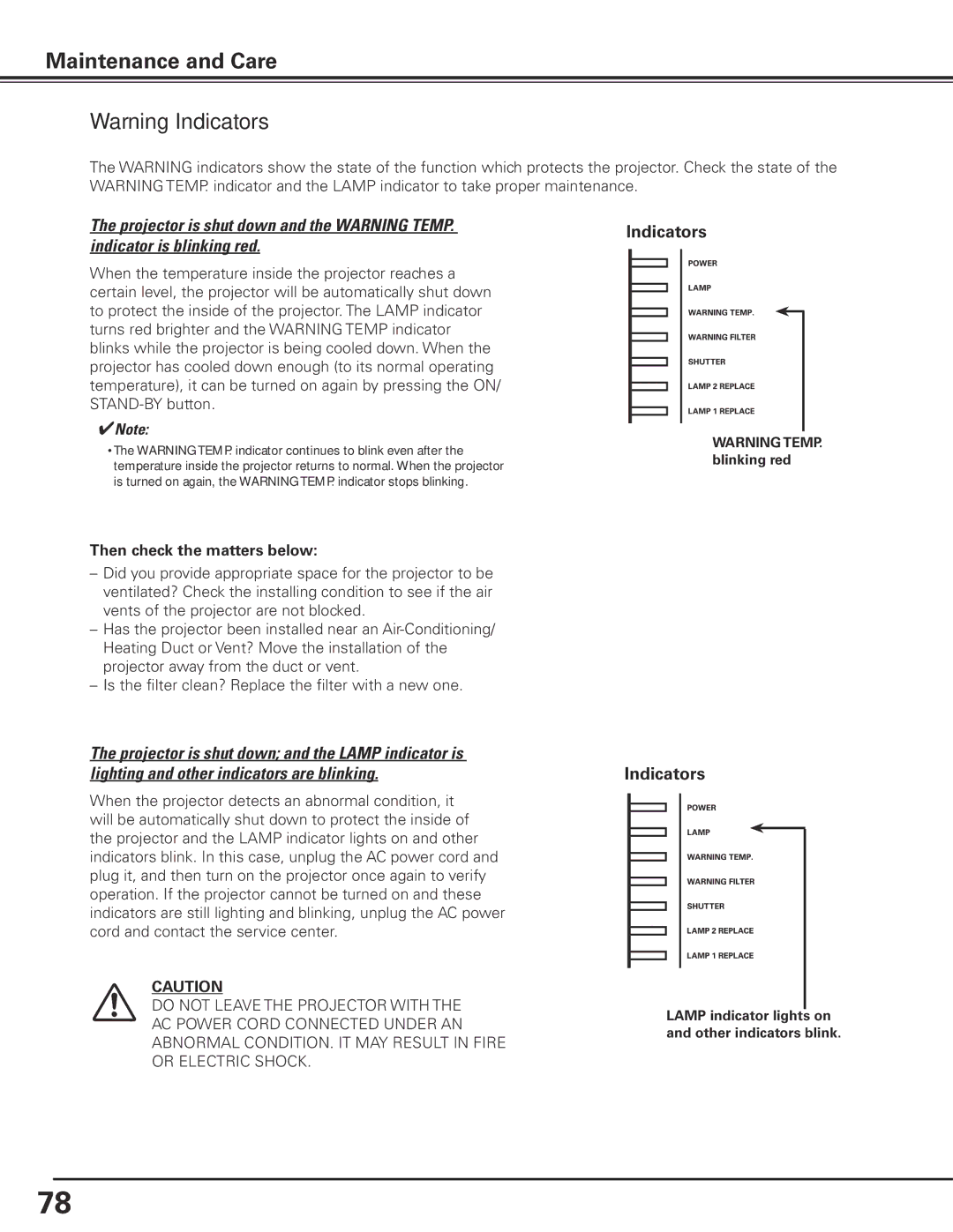 Sanyo HF10000L owner manual Then check the matters below, Lamp indicator lights on and other indicators blink 