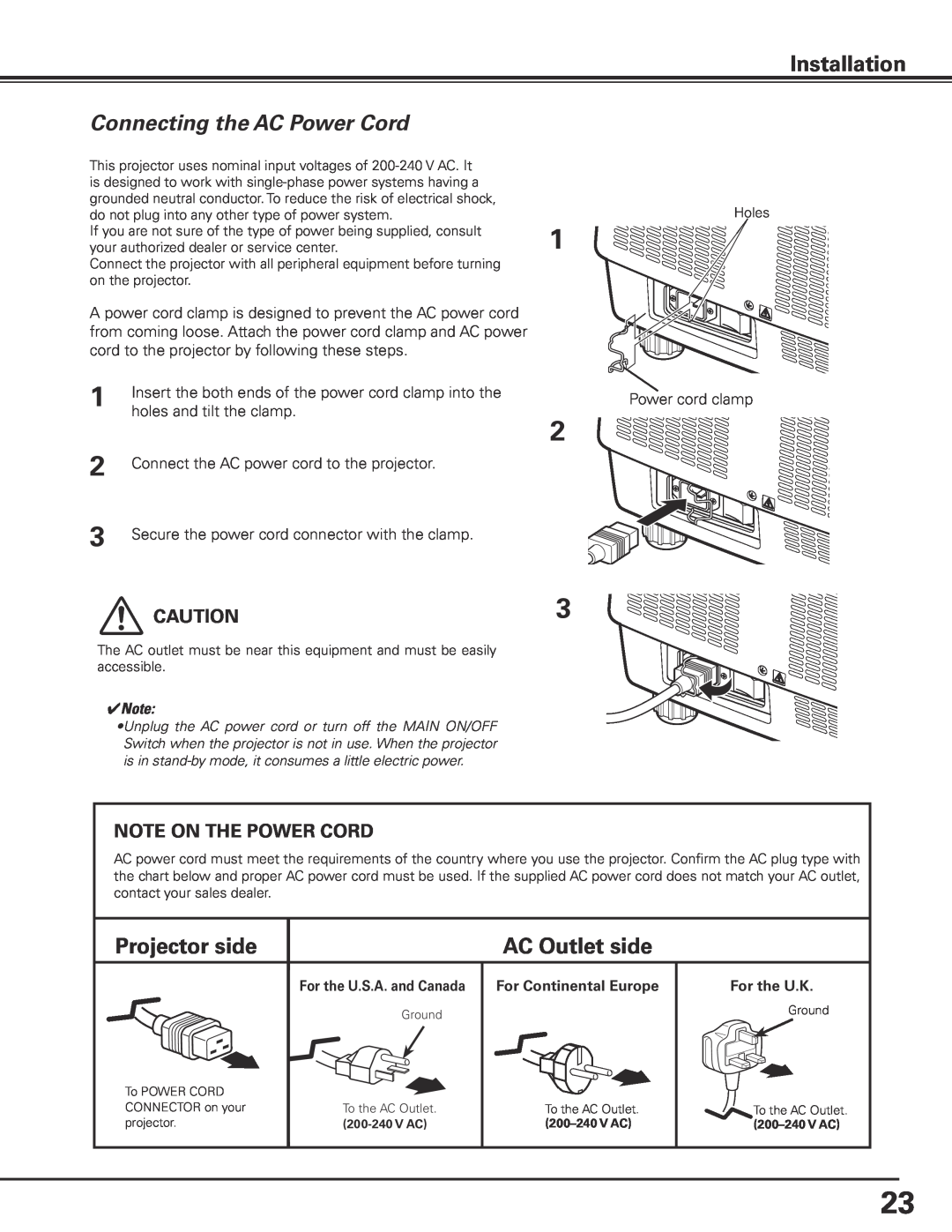 Sanyo HF15000L owner manual Connecting the AC Power Cord, Projector side, AC Outlet side, Installation, For the U.K 