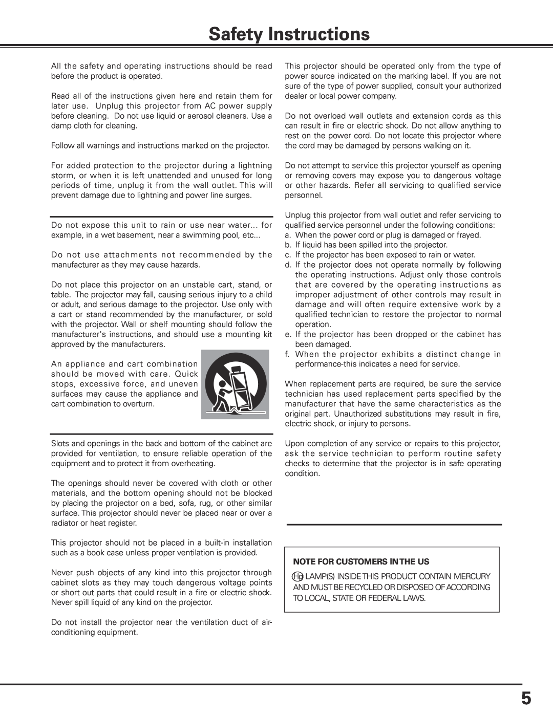 Sanyo HF15000L owner manual Safety Instructions, Note For Customers In The Us 