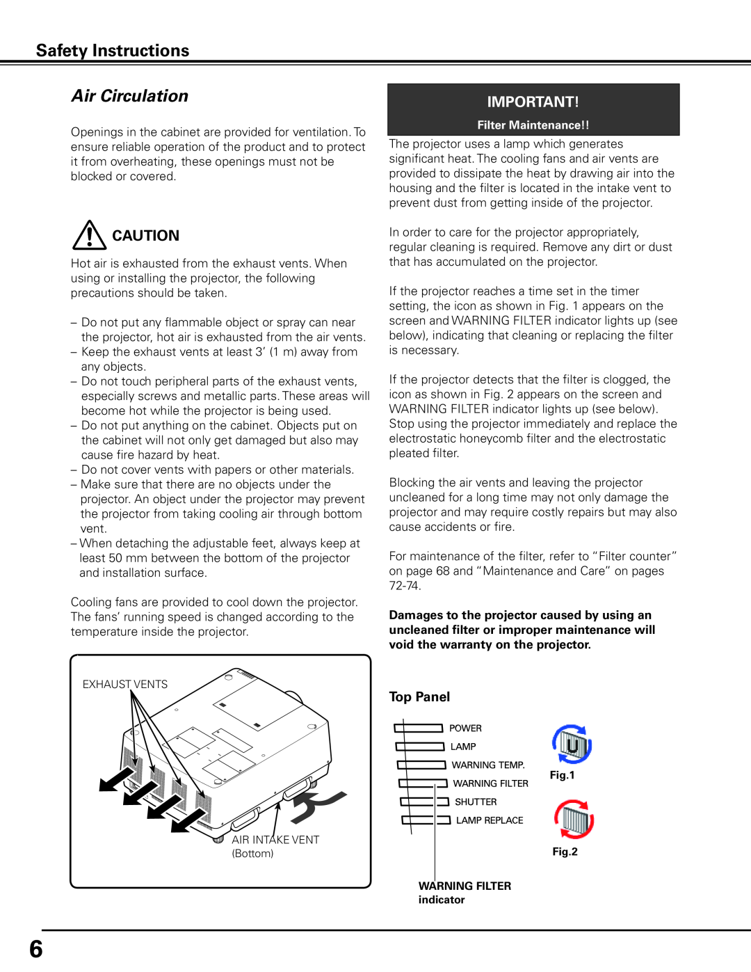 Sanyo HF15000L owner manual Safety Instructions, Air Circulation, Top Panel, Filter Maintenance 