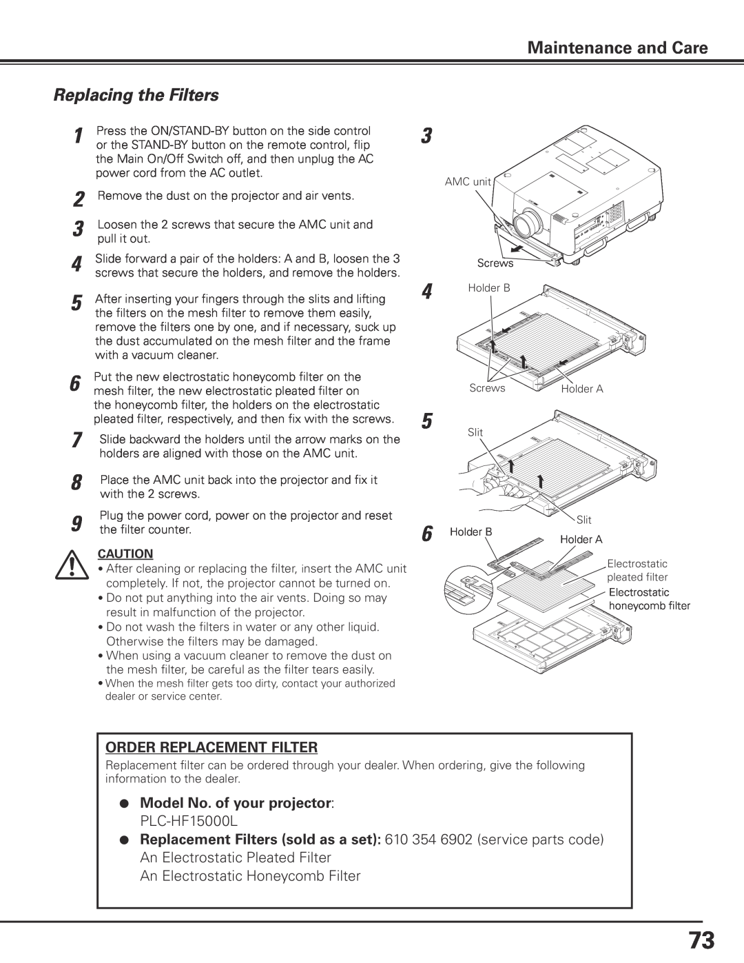 Sanyo HF15000L owner manual 3 4 5 6, Maintenance and Care, Replacing the Filters 