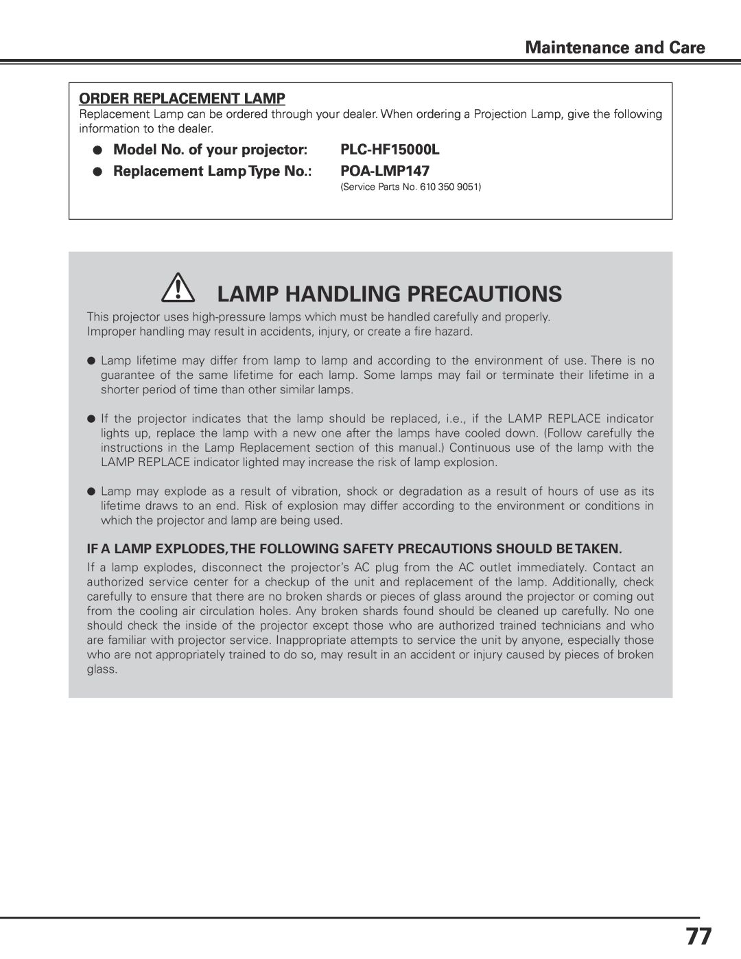 Sanyo HF15000L Lamp Handling Precautions, Maintenance and Care, Order Replacement Lamp, Model No. of your projector 