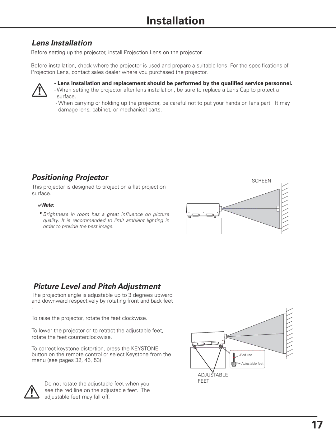 Sanyo HF15000L owner manual Lens Installation, Positioning Projector, Picture Level and Pitch Adjustment 