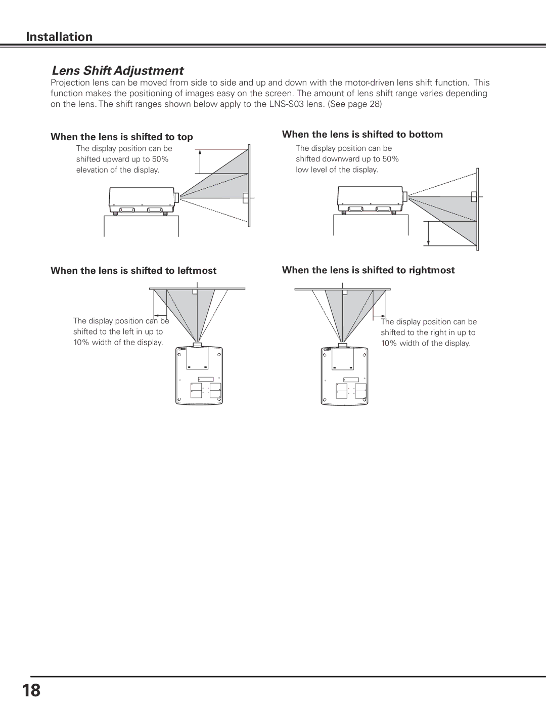 Sanyo HF15000L owner manual Installation, Lens Shift Adjustment 