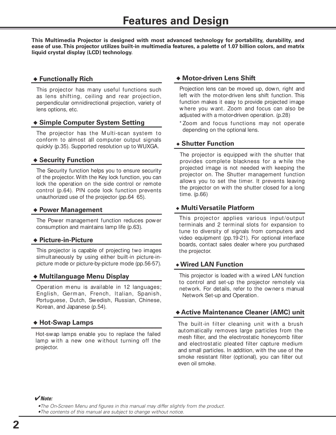 Sanyo HF15000L owner manual Features and Design, Functionally Rich Motor-driven Lens Shift 