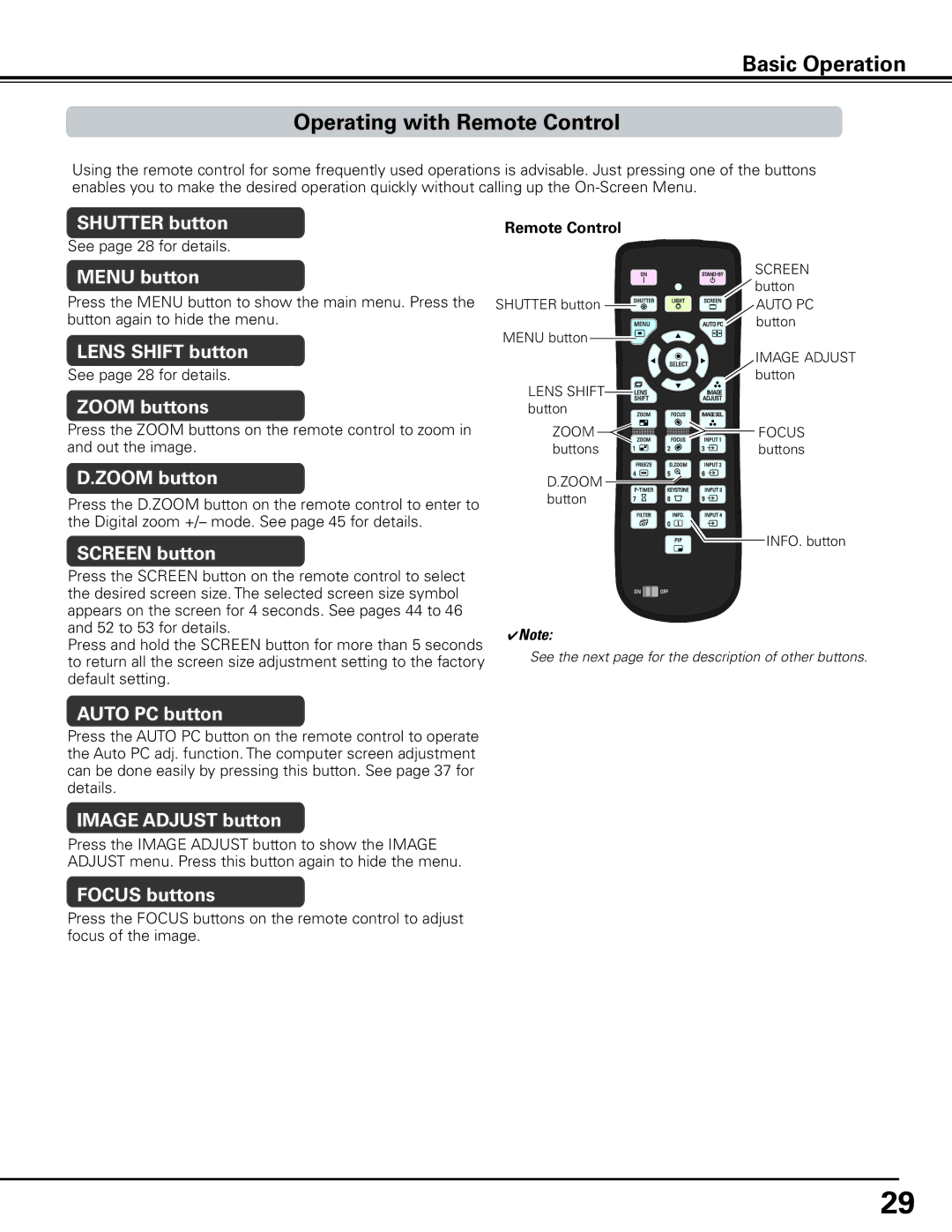 Sanyo HF15000L owner manual Basic Operation Operating with Remote Control 