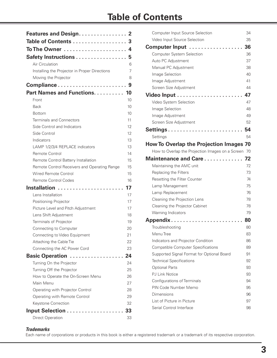 Sanyo HF15000L owner manual Table of Contents 