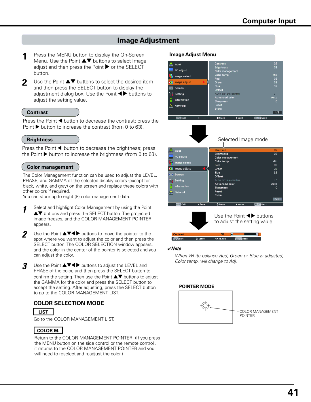 Sanyo HF15000L owner manual Computer Input Image Adjustment, Contrast, Brightness, Color management, Image Adjust Menu 