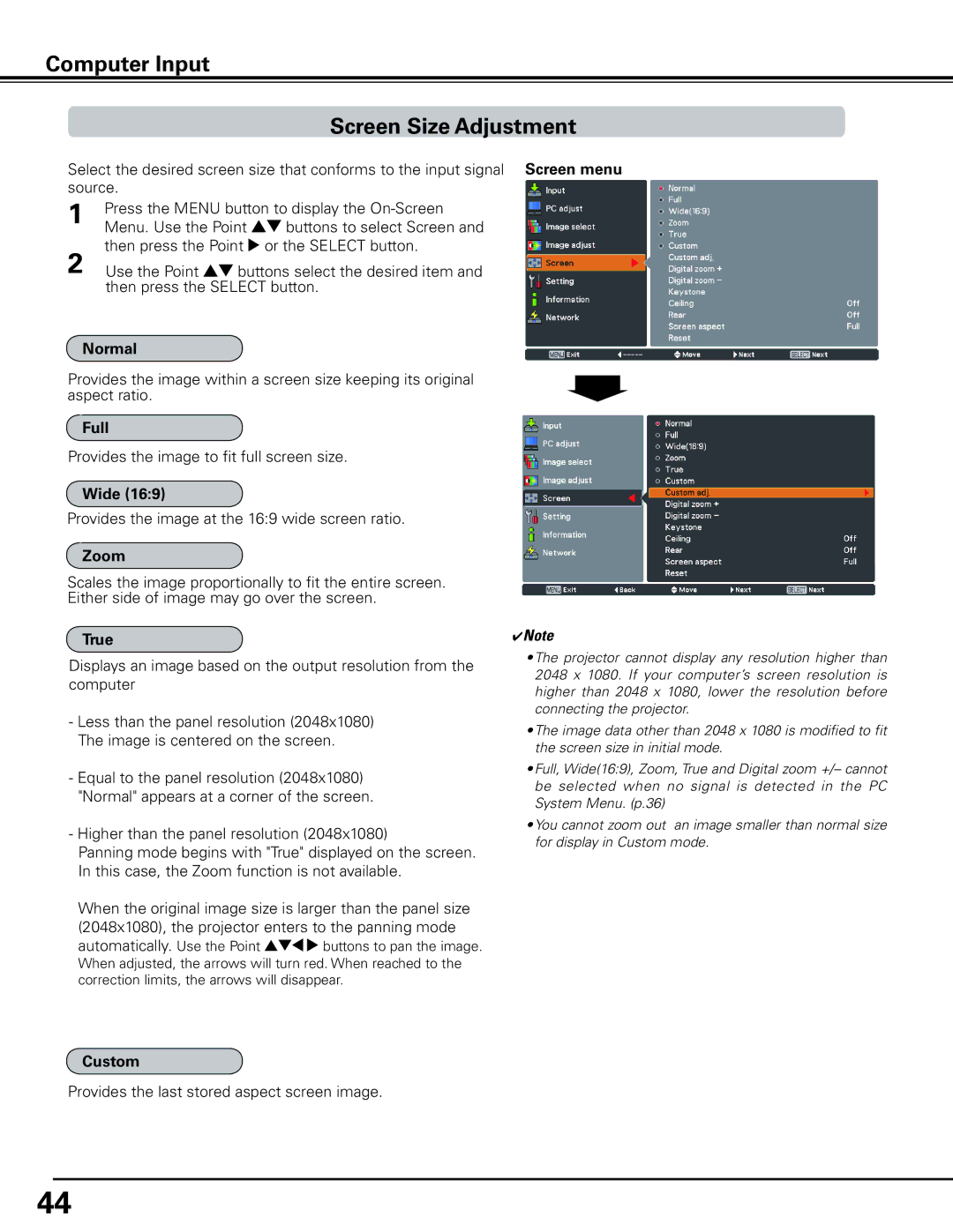 Sanyo HF15000L owner manual Computer Input Screen Size Adjustment 