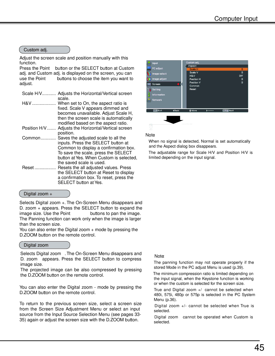 Sanyo HF15000L owner manual Custom adj, Digital zoom + 