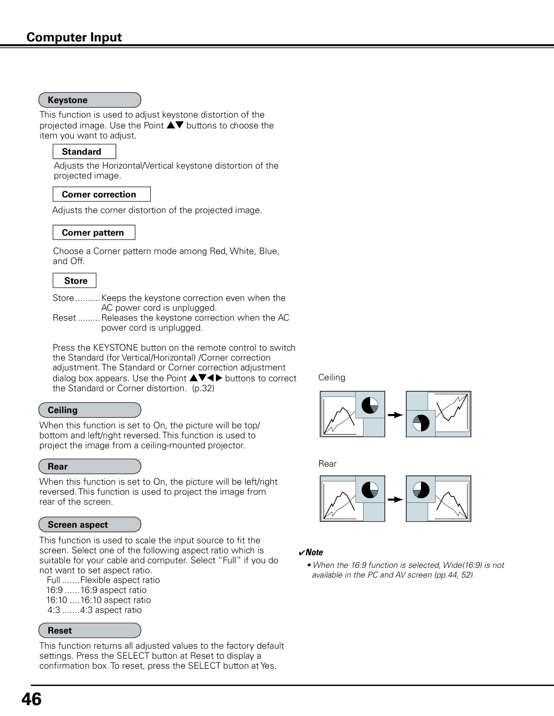 Sanyo HF15000L owner manual Keystone, Corner correction, Corner pattern, Ceiling, Rear, Screen aspect 