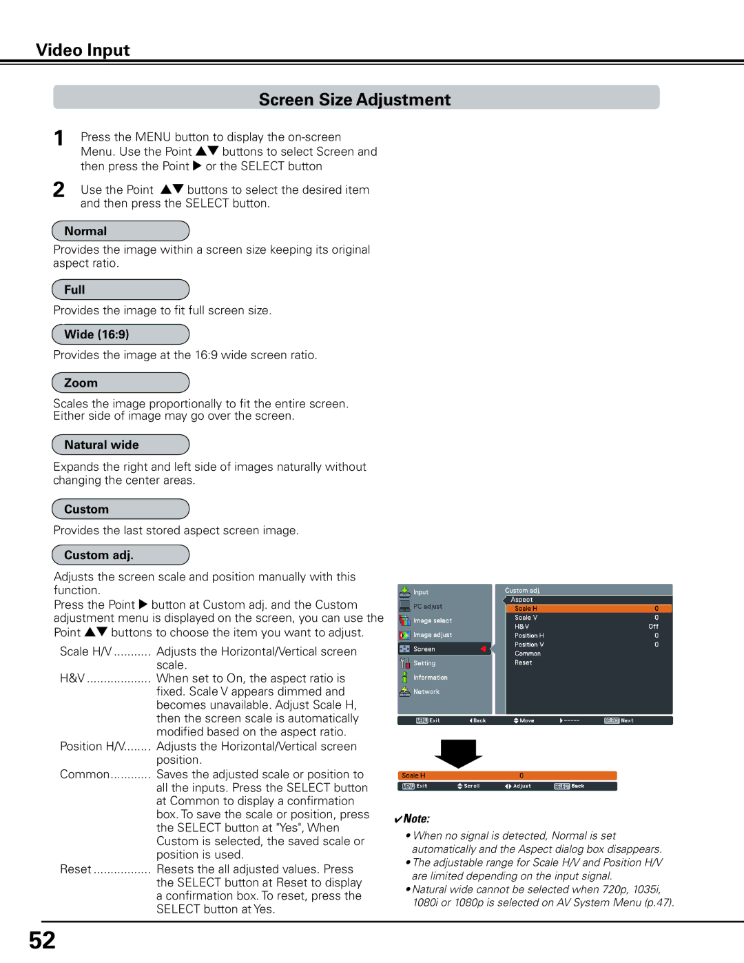 Sanyo HF15000L owner manual Screen Size Adjustment, Natural wide 