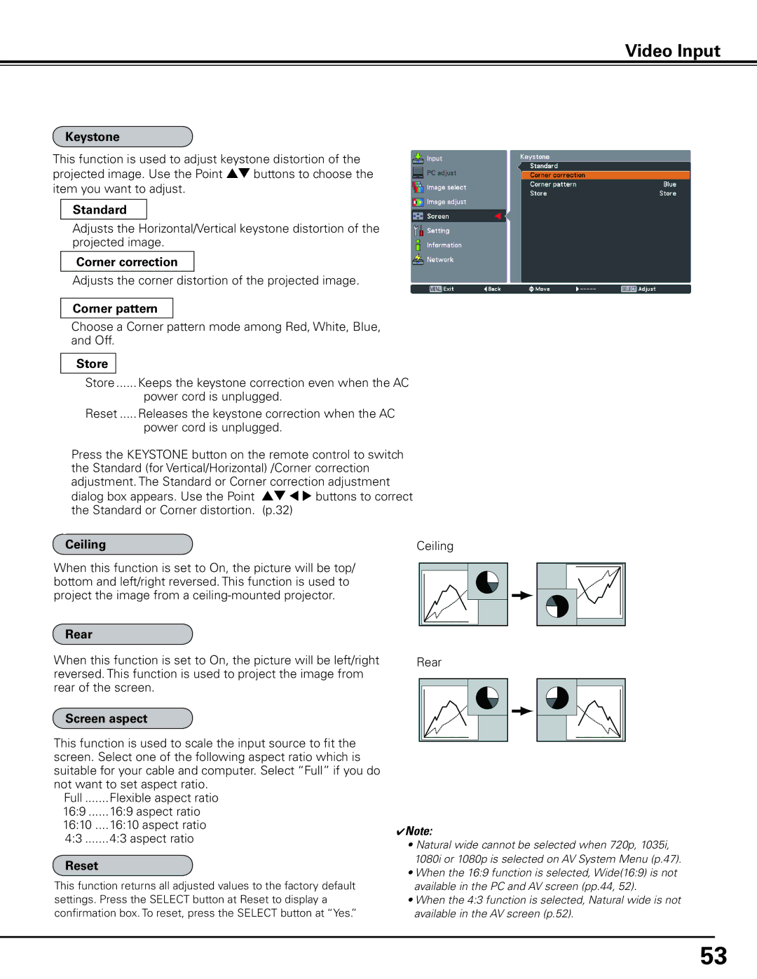 Sanyo HF15000L owner manual Choose a Corner pattern mode among Red, White, Blue, and Off, Flexible aspect ratio 