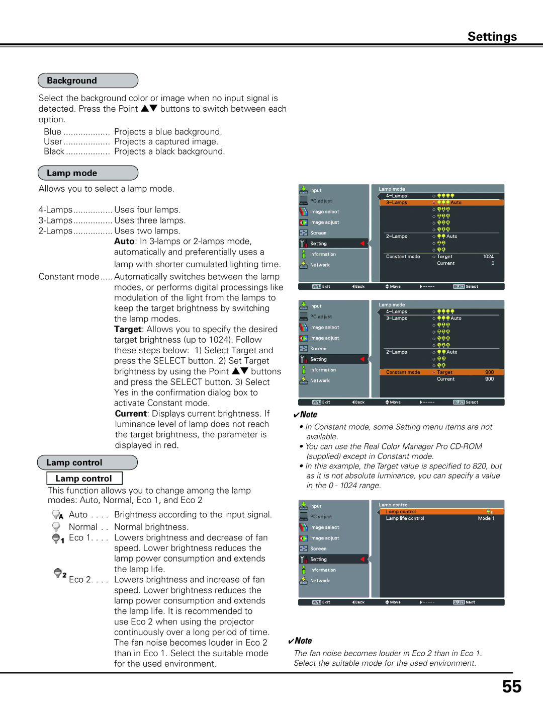 Sanyo HF15000L owner manual Background, Projects a blue background, Projects a captured image, Lamp mode, Lamp control 