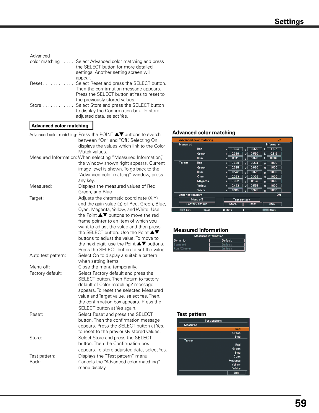 Sanyo HF15000L owner manual Advanced color matching Measured information Test pattern 