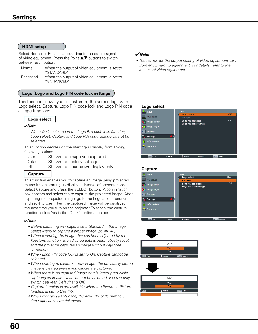 Sanyo HF15000L owner manual Hdmi setup, Logo Logo and Logo PIN code lock settings, Logo select Capture 