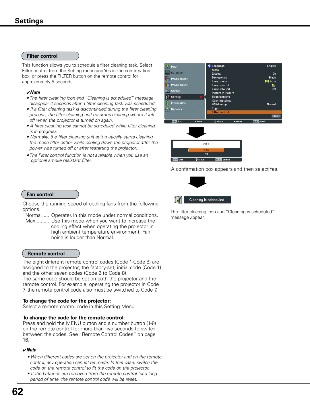 Sanyo HF15000L owner manual Filter control, Fan control, To change the code for the projector 