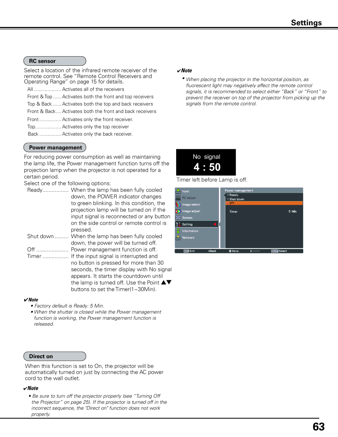 Sanyo HF15000L owner manual RC sensor, Power management, Timer left before Lamp is off, Direct on 