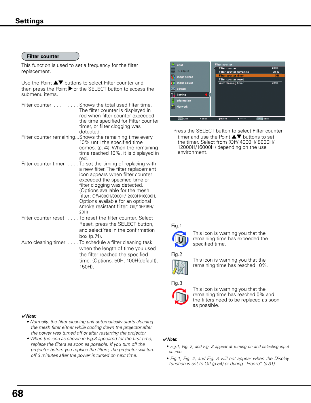 Sanyo HF15000L owner manual Filter counter, Appear at turning on and selecting input source 