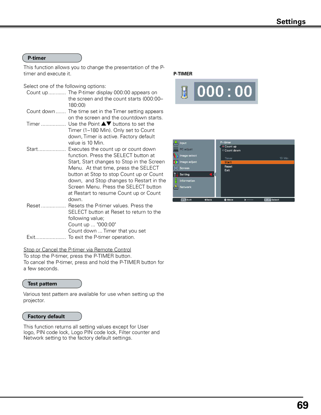 Sanyo HF15000L owner manual Timer, Factory default 