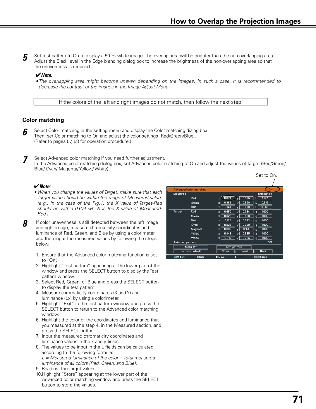 Sanyo HF15000L owner manual How to Overlap the Projection Images, Color matching 