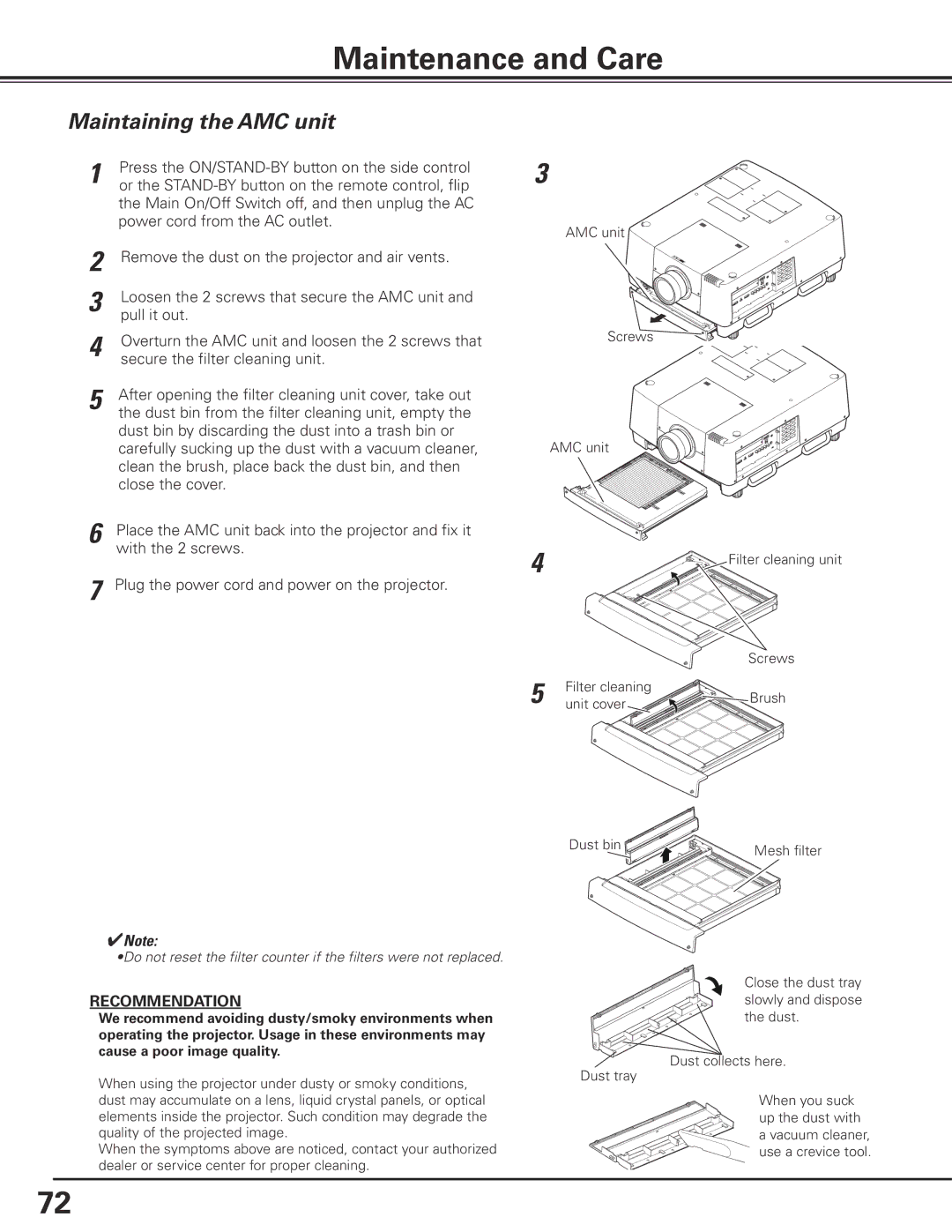 Sanyo HF15000L owner manual Maintenance and Care, Maintaining the AMC unit 