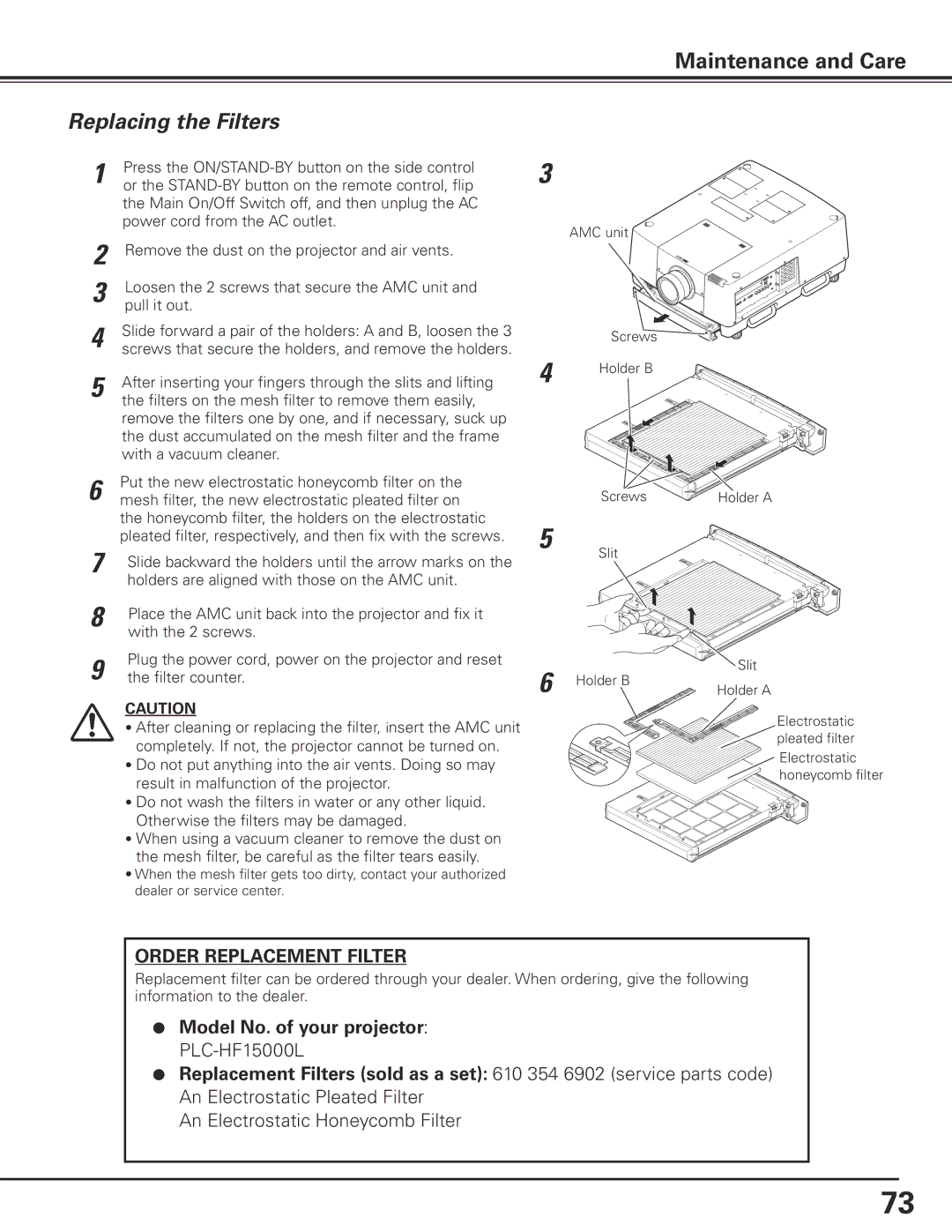 Sanyo HF15000L owner manual Maintenance and Care, Replacing the Filters 