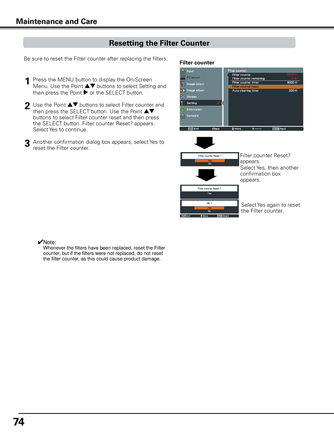 Sanyo HF15000L owner manual Maintenance and Care Resetting the Filter Counter, Filter counter 