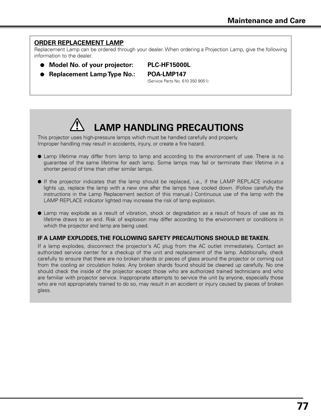 Sanyo HF15000L owner manual Lamp Handling Precautions 