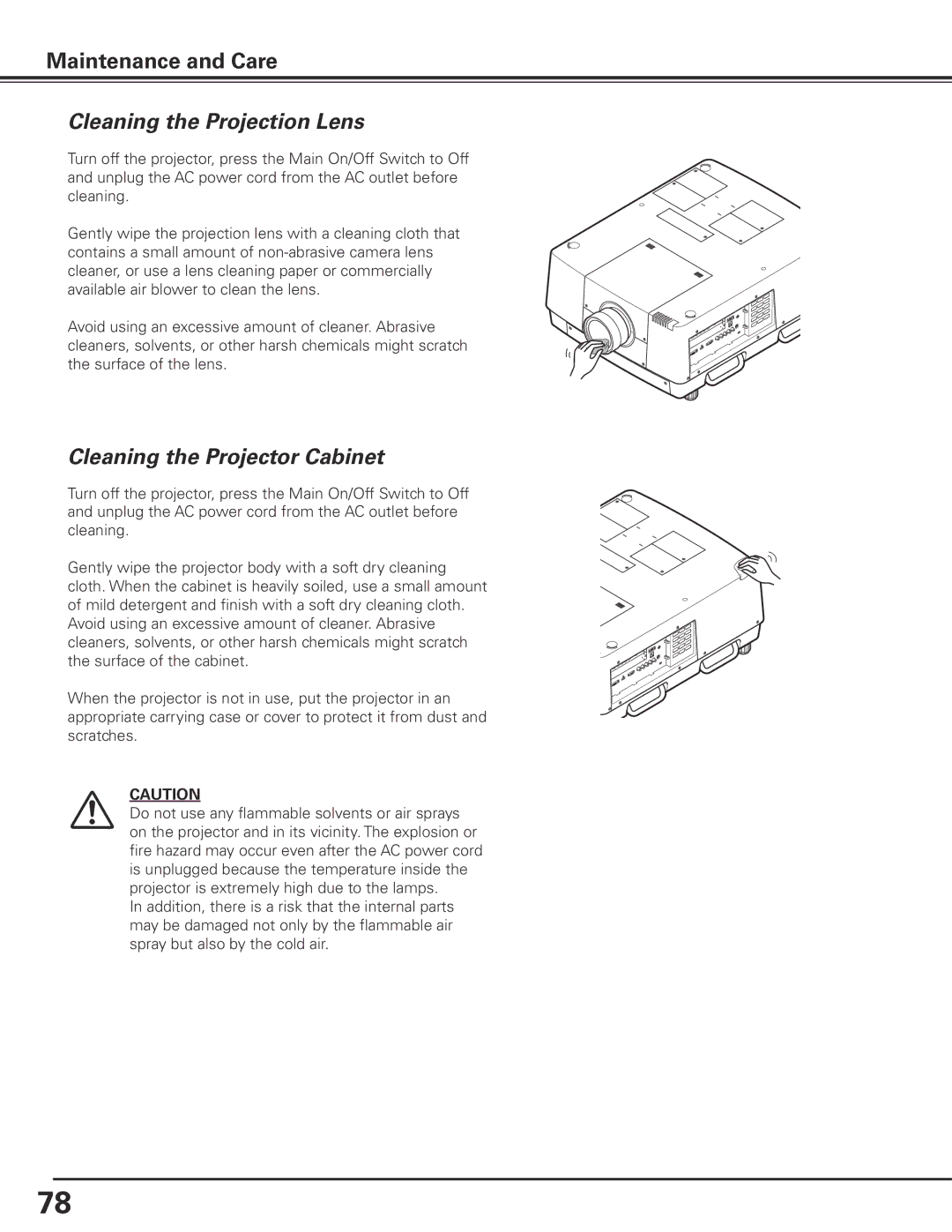 Sanyo HF15000L owner manual Cleaning the Projection Lens, Cleaning the Projector Cabinet 