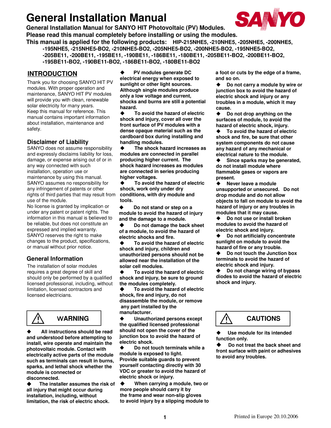 Sanyo HIP-215NHE5 installation manual Introduction, Arning, Disclaimer of Liability, General Information 