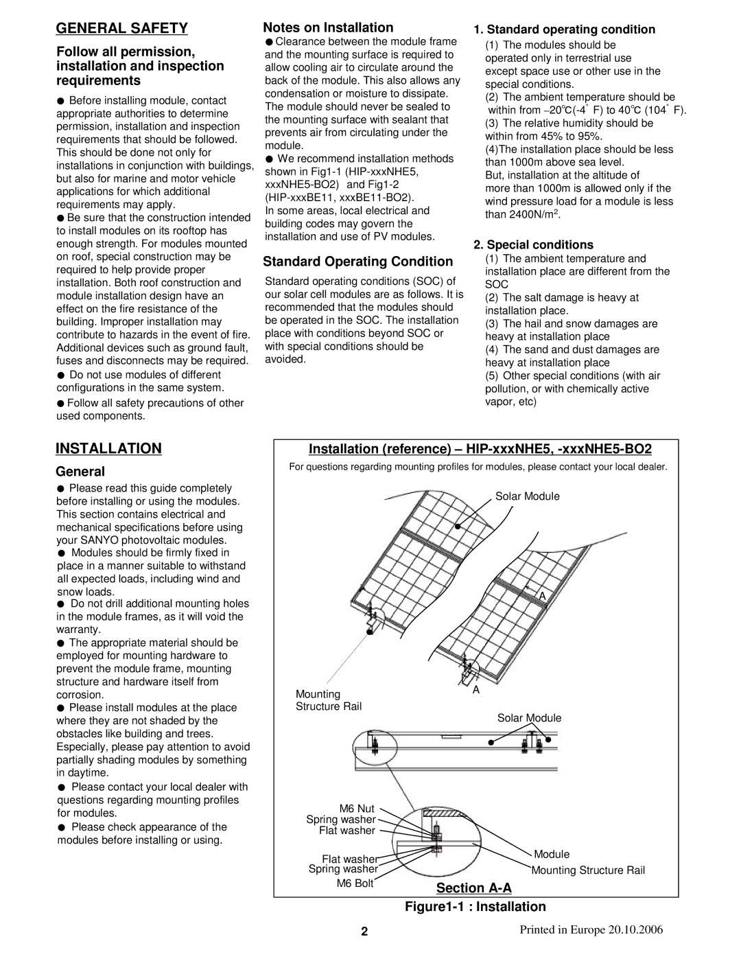 Sanyo HIP-215NHE5 installation manual General Safety, Installation 