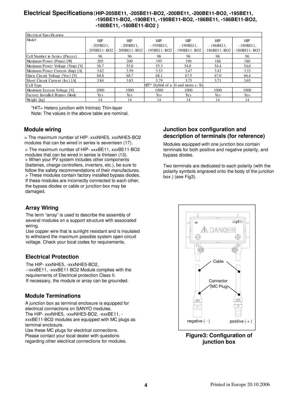 Sanyo HIP-215NHE5 installation manual Module wiring, Array Wiring, Electrical Protection, Module Terminations 