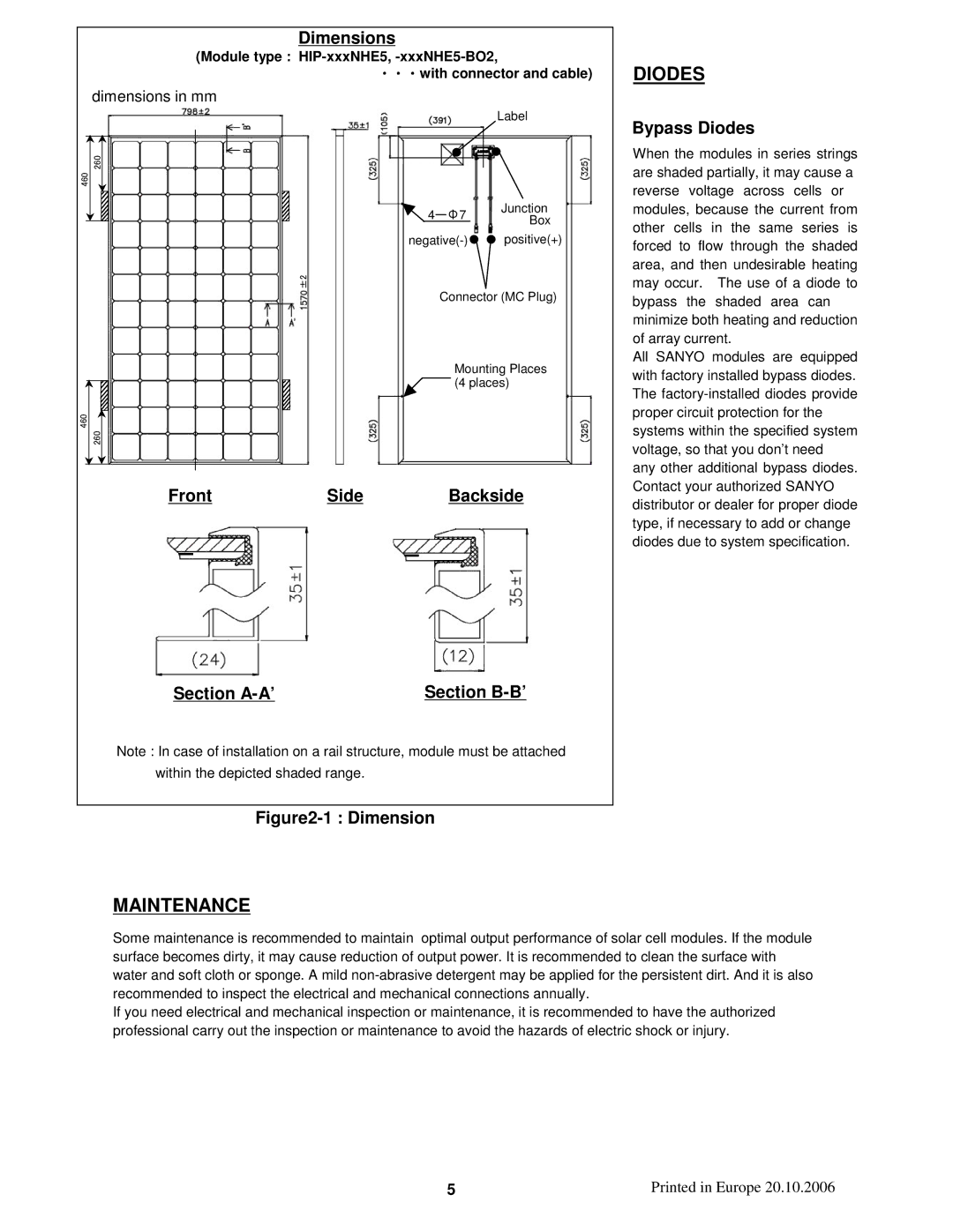 Sanyo HIP-215NHE5 installation manual Diodes, Maintenance 