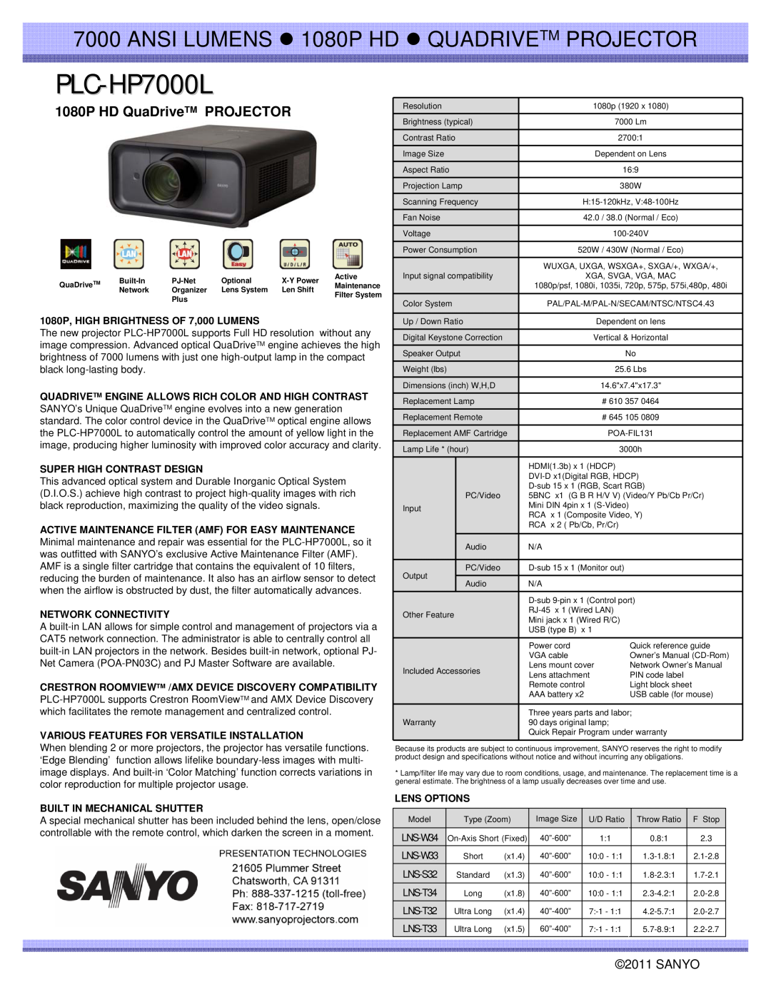 Sanyo dimensions PLC-HP7000L, 1080P HD QuaDriveTM PROJECTOR, Sanyo, 1080P, HIGH BRIGHTNESS OF 7,000 LUMENS 