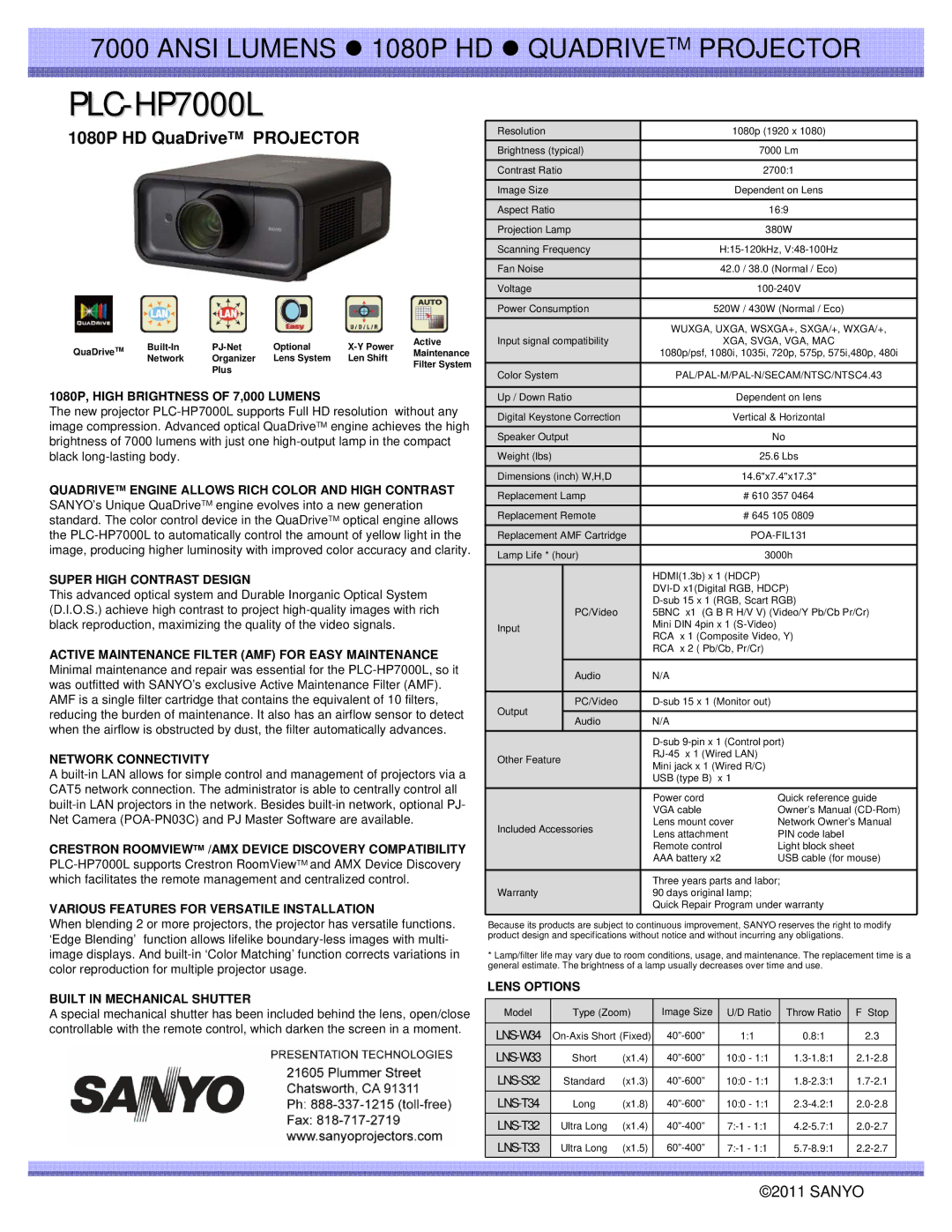 Sanyo dimensions PLC-HP7000L, 1080P HD QuaDriveTM Projector 