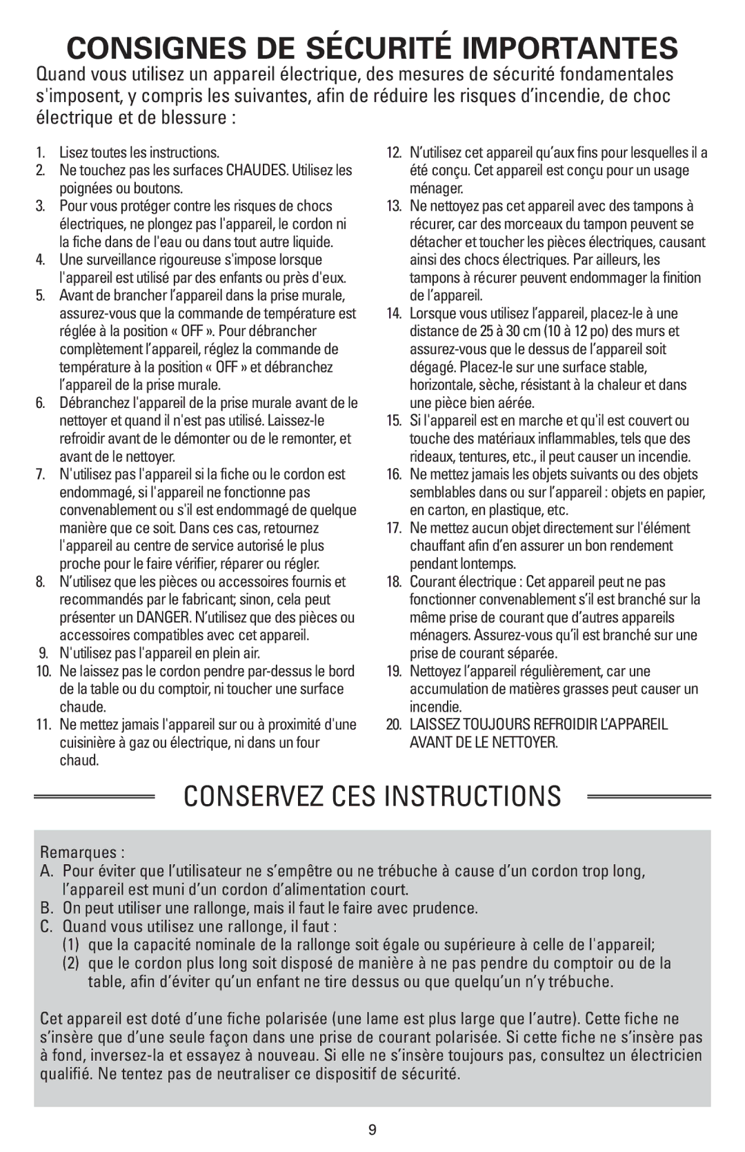 Sanyo HPS-SG2 instruction manual Consignes DE Sécurité Importantes 