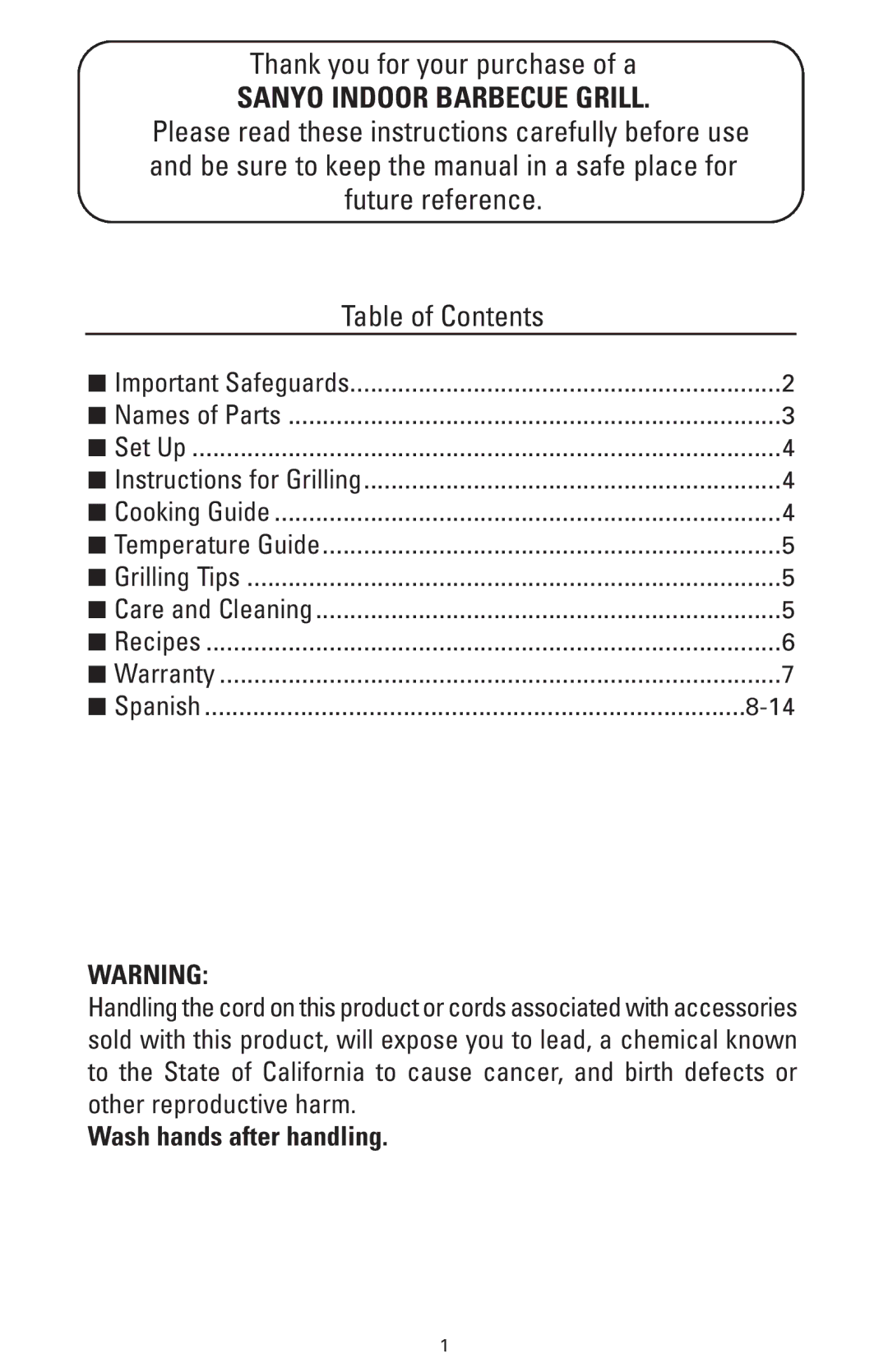 Sanyo HPS-SG2 instruction manual Sanyo Indoor Barbecue Grill 