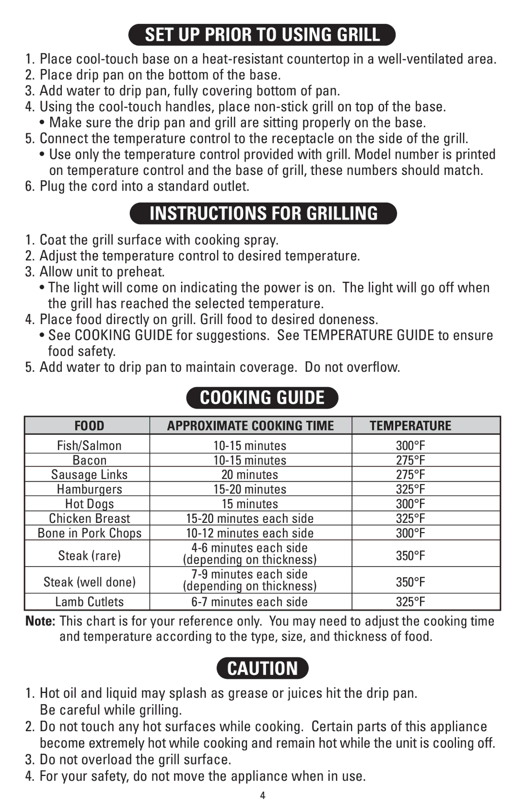 Sanyo HPS-SG2 instruction manual SET UP Prior to Using Grill, Instructions for Grilling, Cooking Guide 