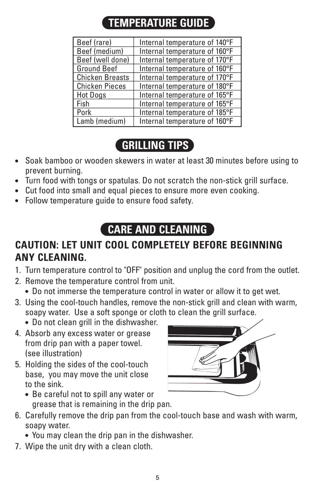 Sanyo HPS-SG2 instruction manual Temperature Guide, Grilling Tips, Care and Cleaning 