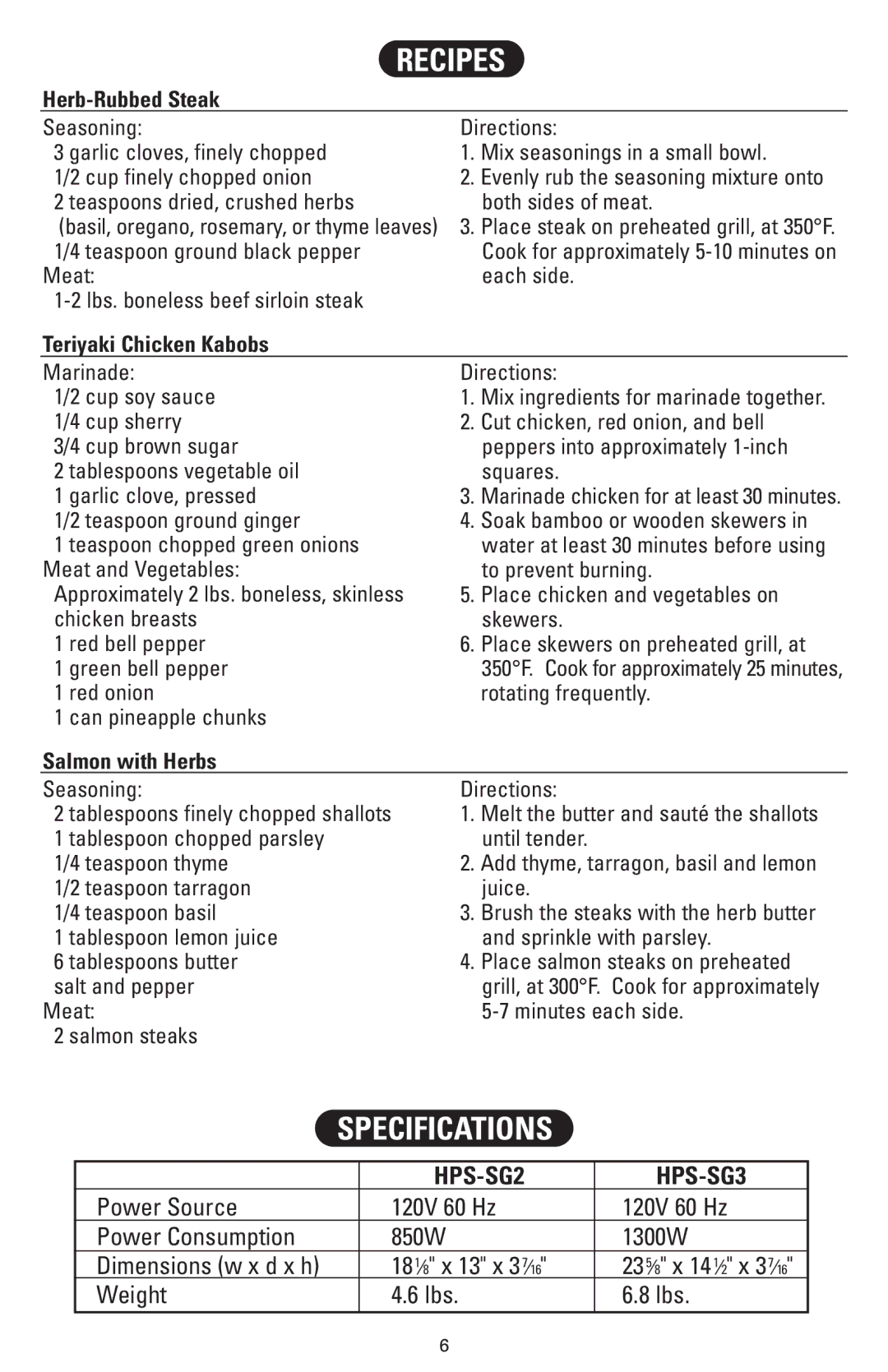 Sanyo HPS-SG2 instruction manual Recipes, Specifications 