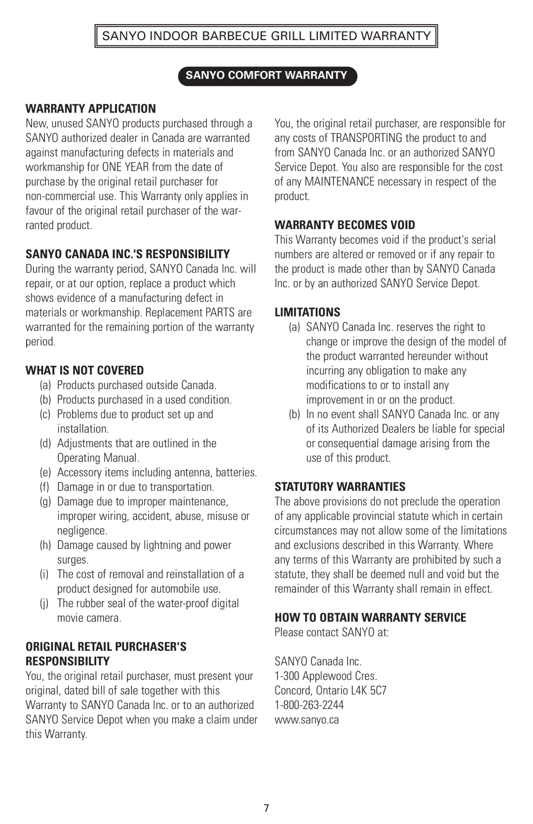 Sanyo HPS-SG2 instruction manual Warranty Application 