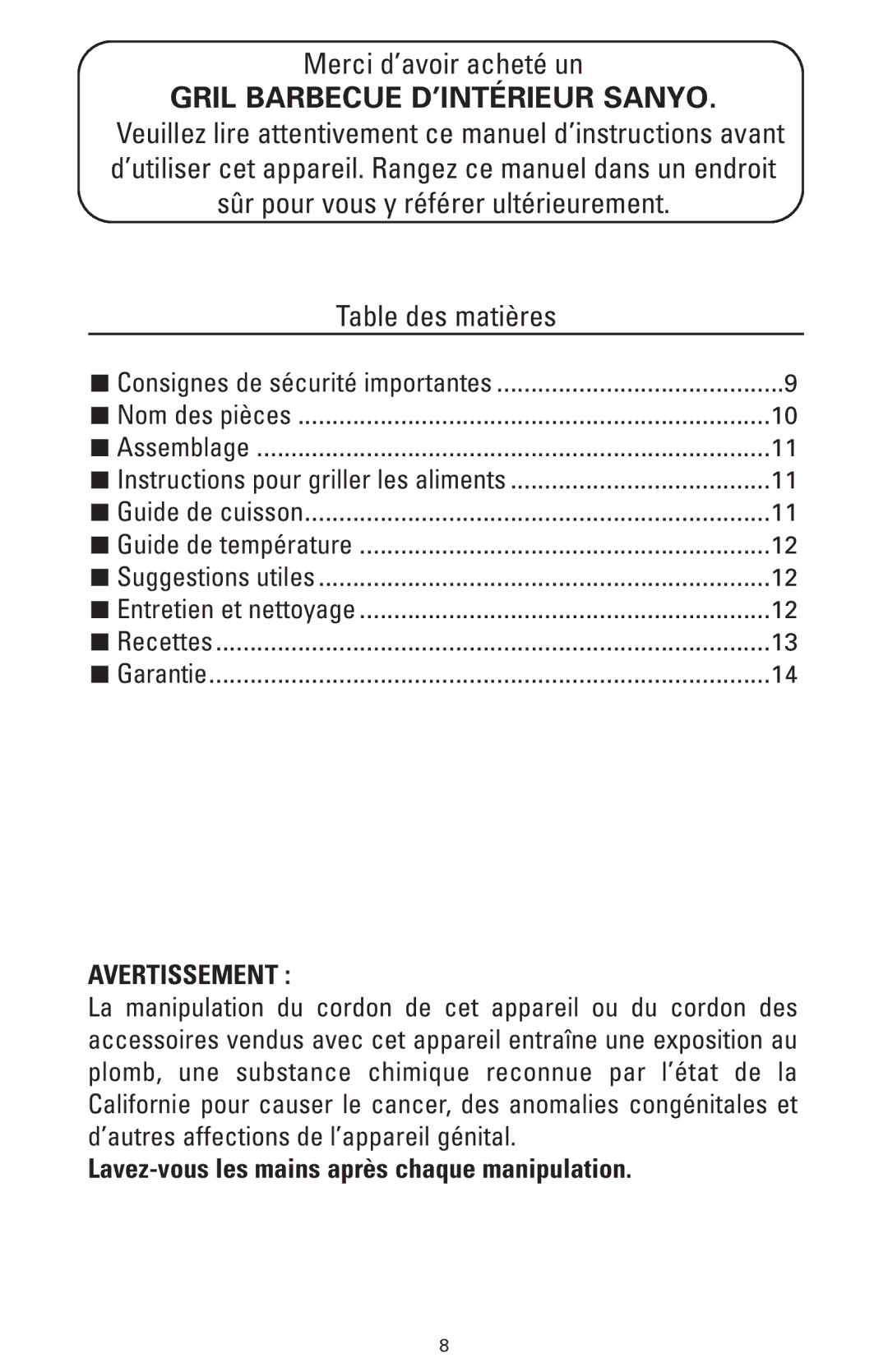 Sanyo HPS-SG2 instruction manual Gril Barbecue D’INTÉRIEUR Sanyo 