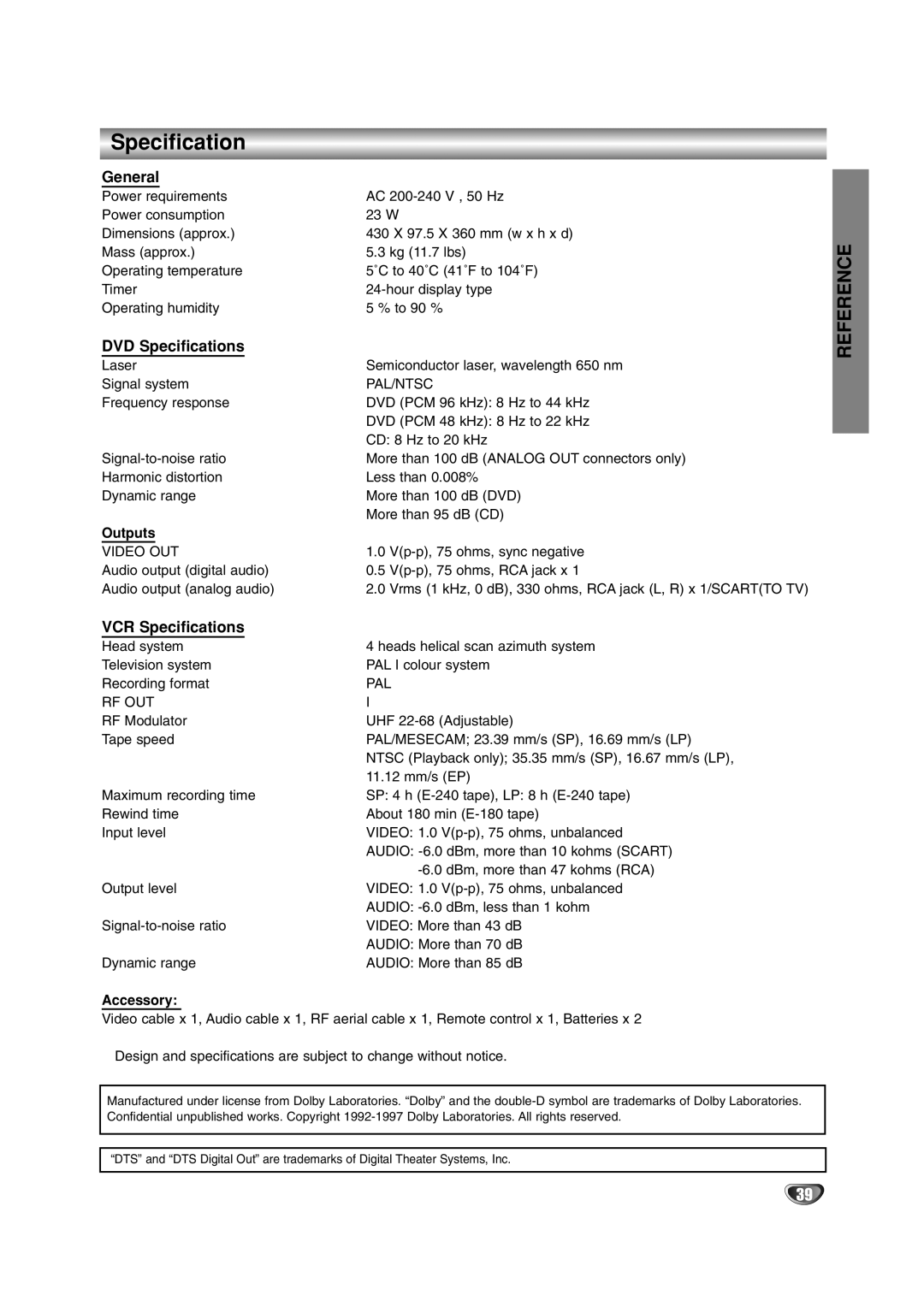 Sanyo HV-DX1E manual General, DVD Specifications, VCR Specifications 