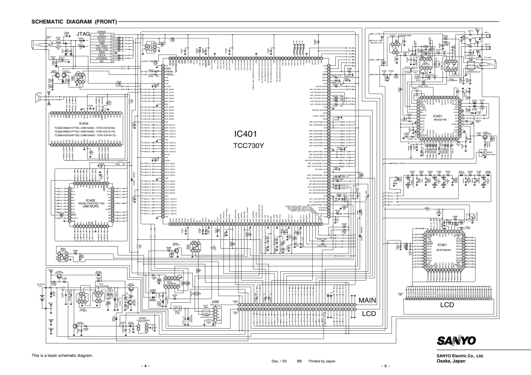 Sanyo ICR-B170NX service manual Schematic Diagram Front, Jtag, Osaka, Japan, IC401, TCC730Y, Main 