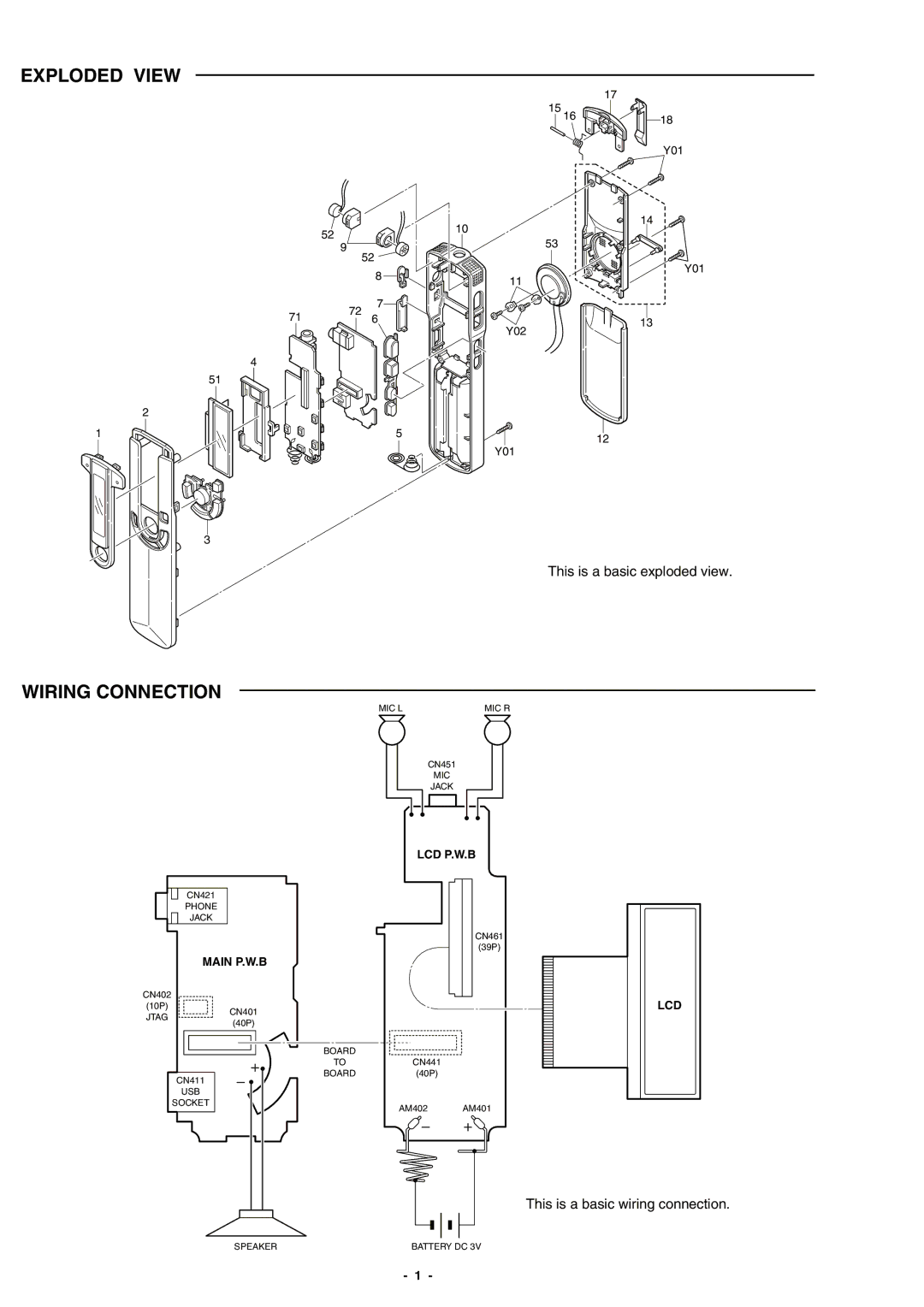 Sanyo ICR-B170NX service manual Exploded View, Wiring Connection, Y01 