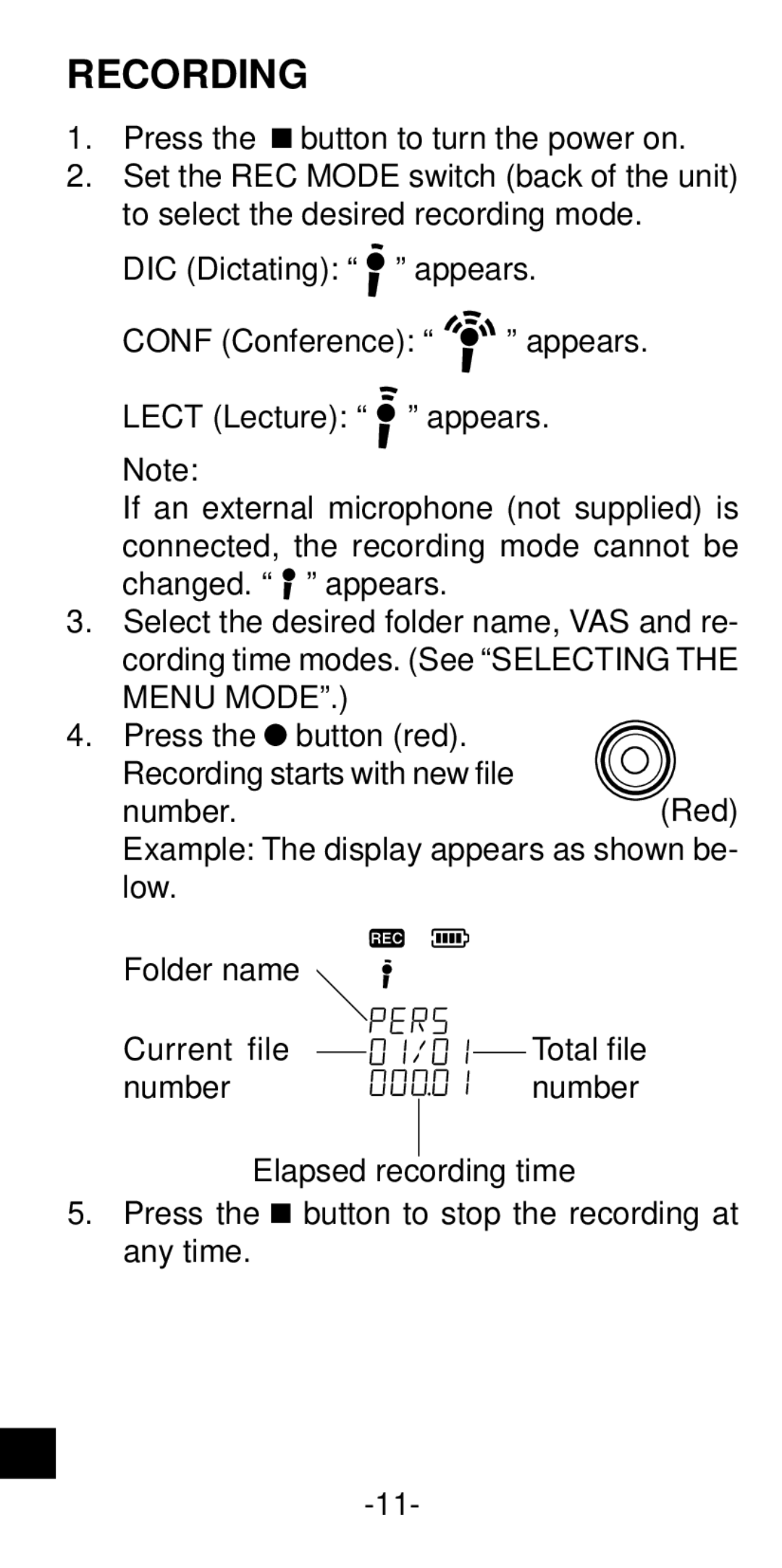 Sanyo ICR-B35 instruction manual Recording 